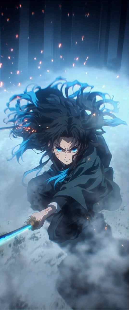 Azure Blade Fury Epic Swordmaster Wallpaper with Electric Blue Eyes