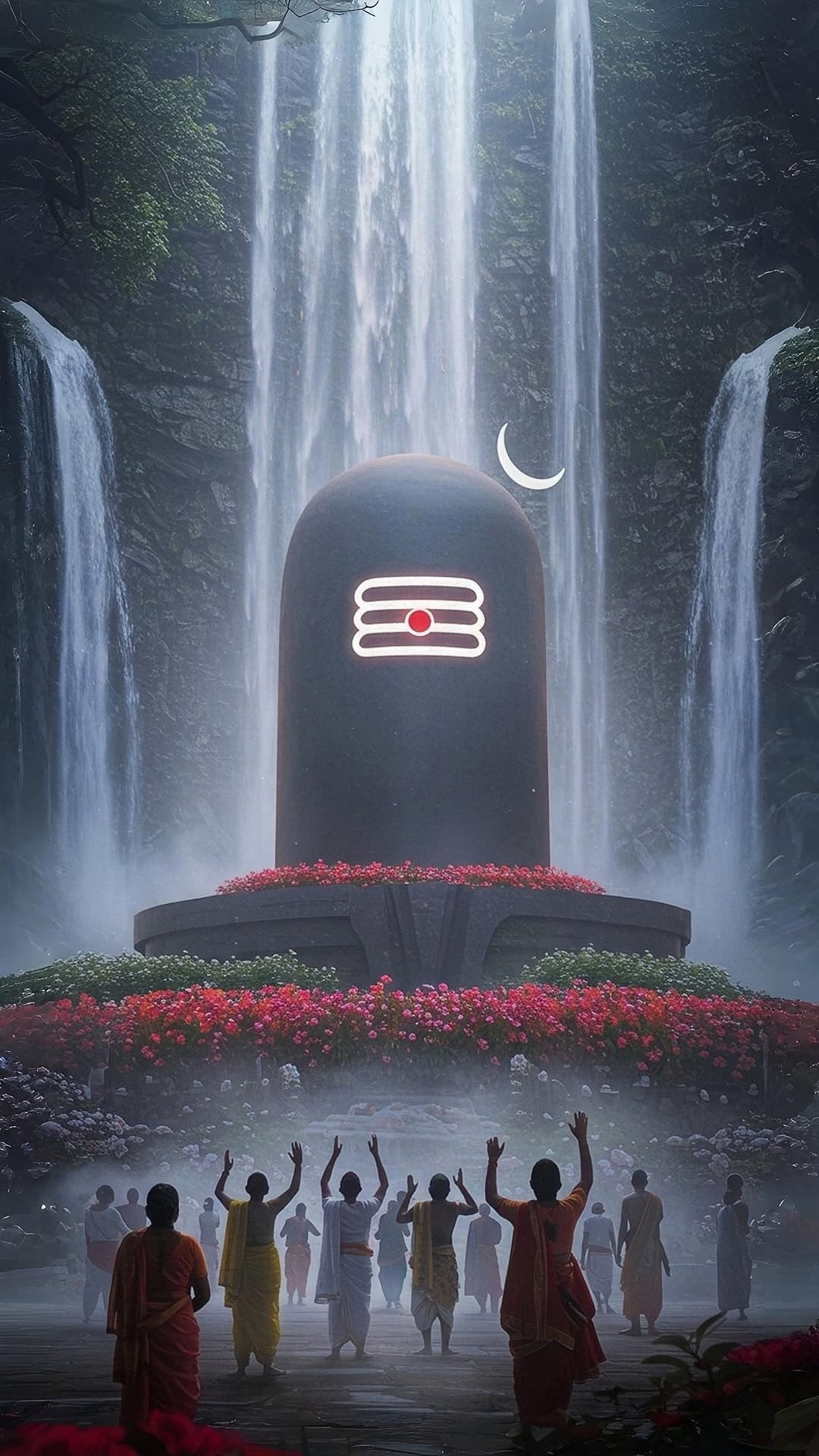 Divine Blessings Shivling at Waterfall Devotional Wallpaper