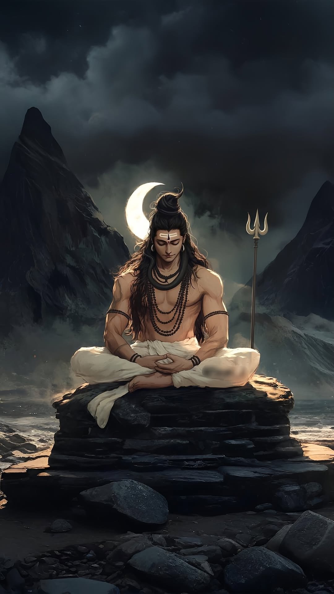 Divine Night Lord Shiva Meditation with Trishula Digital Wallpaper
