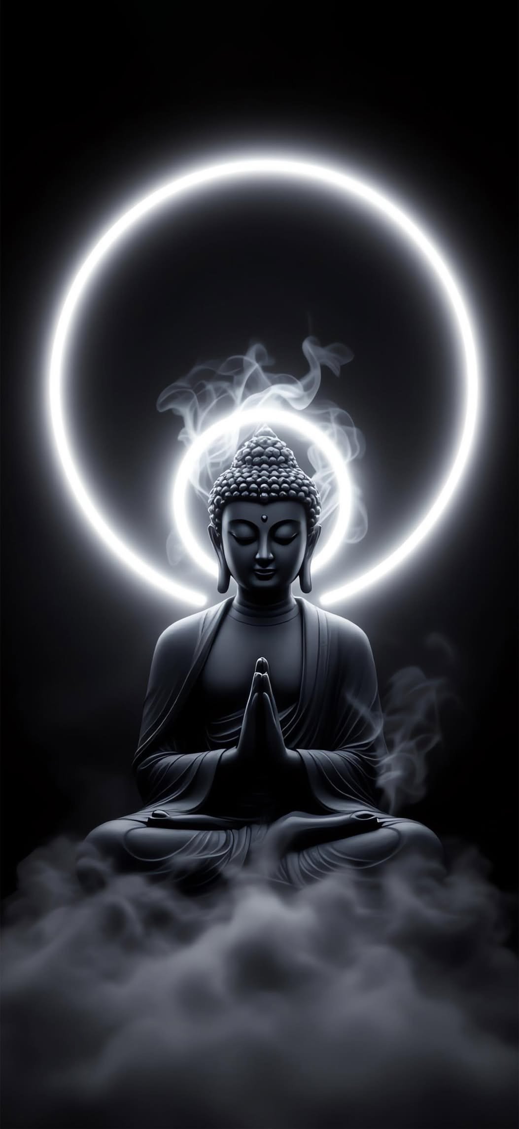 Monochrome Serenity Black & White Buddha Neon Halo Wallpaper